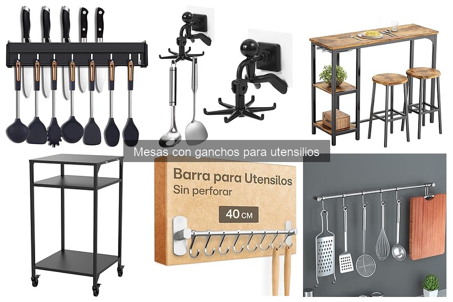 ¿Qué es una mesa con ganchos para utensilios en cocina exterior?